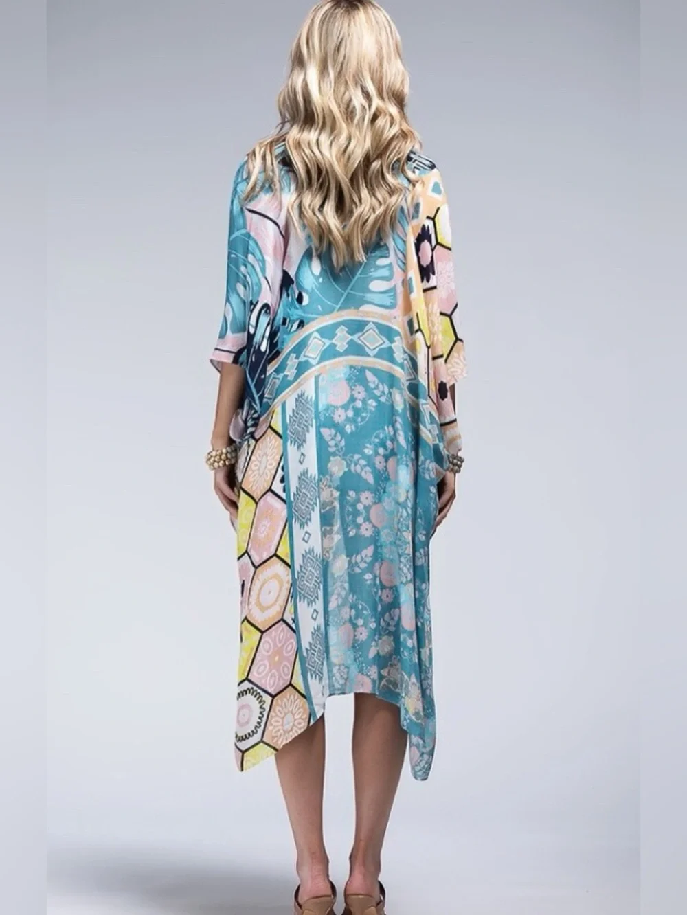 Lightweight Pastel Floral & Geometric Kimono Wrap - Pastel Blue O/S